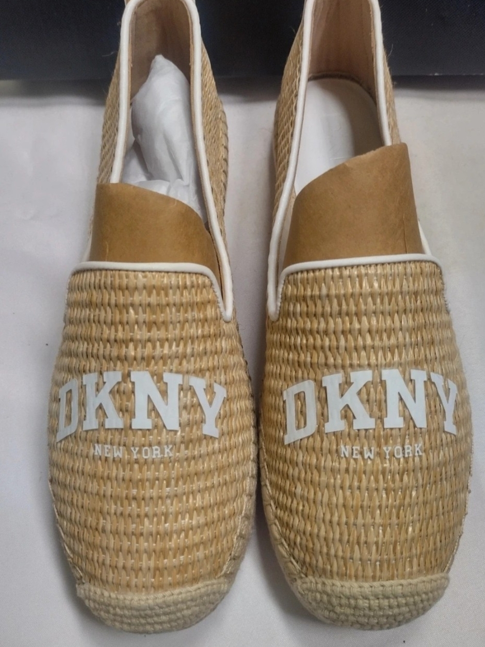 DKNY Tan Woven Espadrille Slip-Ons with White Logo